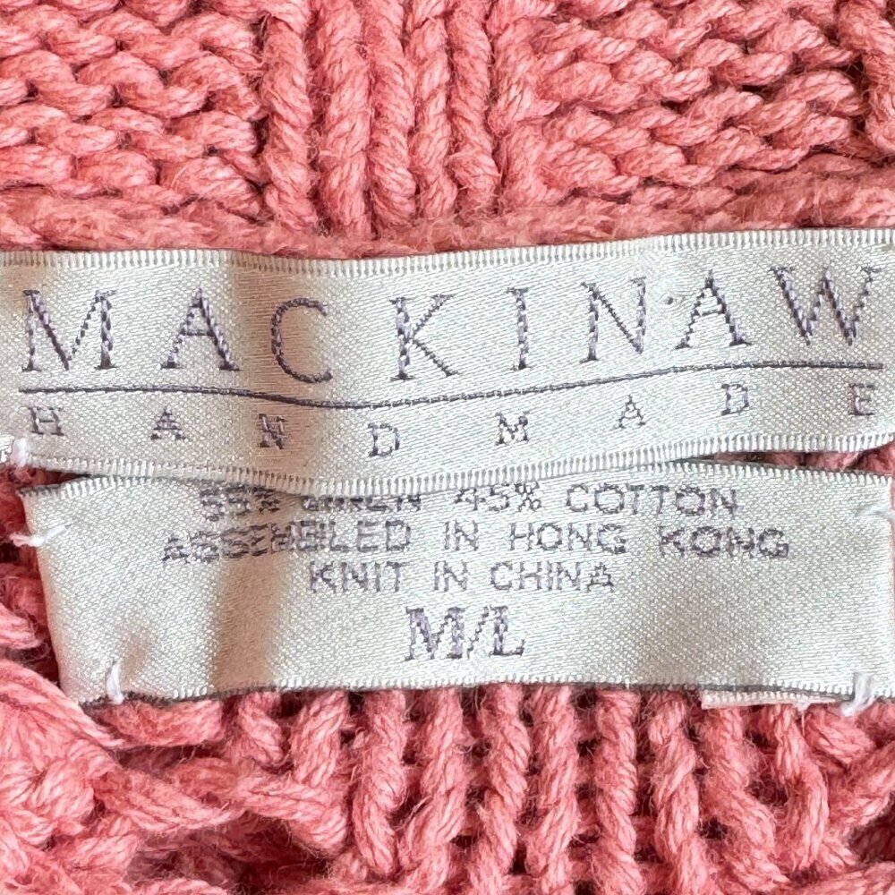 Handmade Linen Chunky Cable Knit Sweater Pink Open Knit MACKINAW  Women's M L - Picture 4 of 6